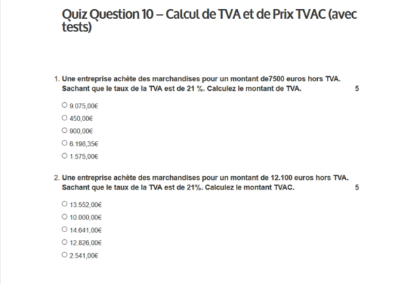 Quiz question 10 - Calcul de TVA et de prix TVAC